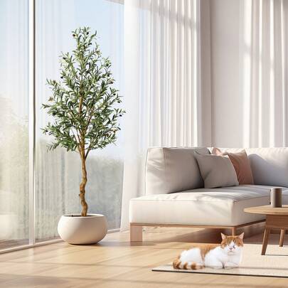 Olivo artificial de 1,8 m de altura, de seda sintética, ideal para decorar el hogar, la oficina y el salón. Árbol artificial de interior en maceta con madera natural.