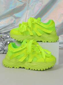 2025 Autumn Women's Neon Green Stylish Fashion Sneakers, Lace-Up, Non-Slip, Wedge Chunky Chunky Sneakers, Suitable For Holiday Parties, Gatherings, Fashionable Outings, - Green - View 4