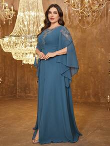 SUPGIR V-Neck Long Sleeve Waist Gathering, Luxury Sequins Splice Decor Front Center Split Maxi Hem Evening Gown - Dusty Blue - View 6