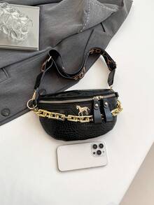 限时折扣！时尚可爱马匹鳄鱼纹女士腰包/胸包 - 黑色 - 查看 5