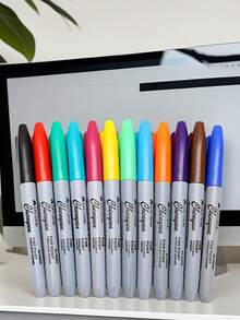 12pcs/6pcs12 Color Fine Tip Permanent Marker Set For Office, Classroom And Home, Quick Dry Ink - Plastic Material (Random Colors),Back To School - Multicolor - View 5