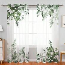 مجموعة ستائر شفافة بتصميم جيب العصا لسهولة التعليق، مثالية للمطبخ والكافيه وغرفة المعيشة والمائدة والشرفة والحديقة وغرفة النوم، للربيع، قطعتان