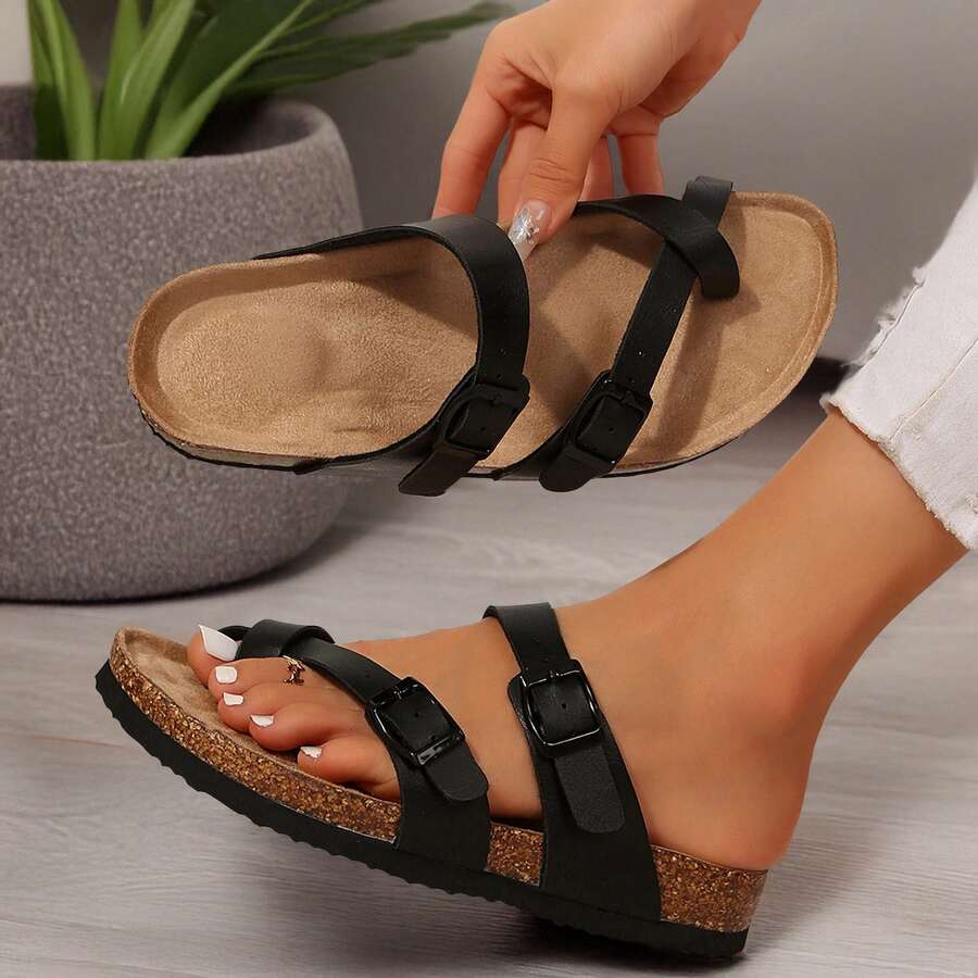 Comfortable Women's Cork Footbed Sandal With Adjustable Buckle For Summer Beach Sandals - 全黑 - 查看 1