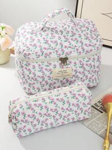 1 PC Pink And Purple Small Floral Quilted Bag Make Up Bag,Fashionable And Casual Large Capacity Portable Zipper Makeup Bags,Travel And Vacation Essentials Cosmetic Bags For Sanitary Napkins,Pouch Pads,Wired Earphones,Headphones,Charger,Lipsticks,Cosmetics,Perfume,Skin Care And Beauty Products,Home Decor,For Mom,Women,Nurses,Students,School Girls,Keys,Holiday Gifts