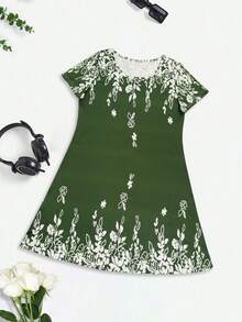 新款时尚轻盈优雅女士休闲度假风格修身连衣裙，适合外出、居家、旅行和办公室，圆领短袖复古百搭夏季度假连衣裙 - 綠色 - 查看 5