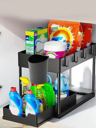 1pc 2-Tier Sliding Under Sink Organizer With Hooks, Plastic Cabinet Basket Storage Drawers For Bathroom Kitchen, Space Saver Bottom Shelf, Under Sink Organizers And Storage