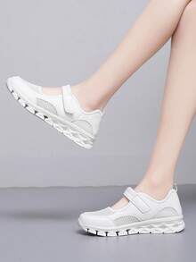 Women's Low Vamp Flat Shoes, 2025 New Mesh Leather Patchwork Hook And Loop Casual Shoes, Lightweight Breathable Dance Shoes/Nurse Shoes/Mom Shoes, Non-Slip Thick Sole Sneakers, Spring/Summer/Autumn - White - View 3