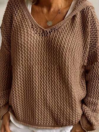 Plus Size Women Casual Loose Hollow-Out Knitted Long Sleeve Pullover Sweater, Spring/Summer