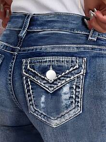 Plus Size Solid Color Washed Cat Beard Pattern Fake Flip Hole Personality Back Pocket Imitation Old Jeans Ladies High Waist Slim Version Commuter Joker Four Seasons Plus Size Jeans. - 淺色水洗藍 - 查看 1