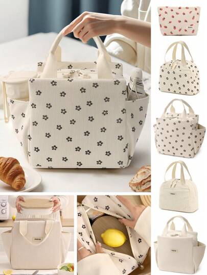 1 pieza/Set Bolsa de almuerzo portátil de gran capacidad, Caja de almuerzo aislada de pana, Bolsa térmica reutilizable para el almuerzo, Bolso de mano para el almuerzo multiusos y a prueba de fugas para hombres y mujeres, con portabotellas de agua y bolsillos laterales, Bolsa bento perfecta para el trabajo, la oficina, los viajes, los picnics, la escuela (Patrón floral de pana), Útiles escolares, Bolsa de almacenamiento para el aula, Regalo para maestros, amigos y familiares, Esencial para volver a la escuela