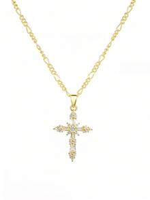 1pc Cross Necklace For Women,14K Gold Plated Cross Pendant Necklace Dainty Gold Cross Necklaces For Women Small Cross Charm Necklace Simple Cute Choker Necklaces Gold Jewery - 金色 - 查看 9