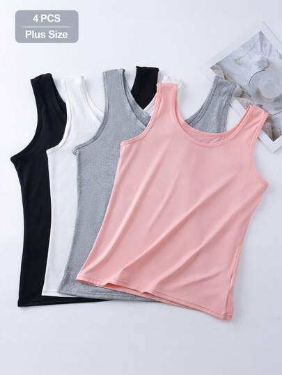 4 st/pack bekväma avslappnade camisole-linnetoppar för kvinnor med U-ringning och breda axelband, mjuka