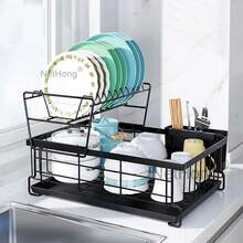NetHong Dish Drainer 2 Tier Kitchen Sink Metal Wire Cutlery Draining Holder Plate Rack - Black H - View 3
