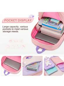 3 件套女孩背包套装，带午餐盒和铅笔盒 - 可爱兔子设计，可调节肩带，轻质尼龙学生背包，带拉链开合，适合女孩的返校礼物