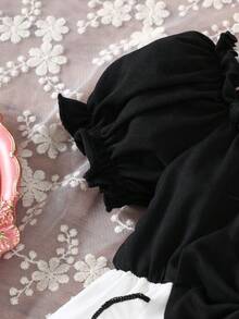 Baby Girl Casual Puff Sleeve Asymmetrical Ruffled Bow Party Dress, Spring/Summer - White - View 5