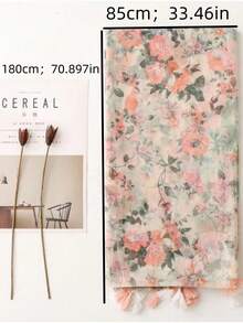 1pc Women's Pink Romantic Floral Linen Tassel Casual Scarf, Lightweight Head Wrap, Travel Beach Shawl, Gift - S20535 Orange - View 2