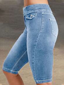 Women Button Closure Waist Casual Denim Shorts - Light Blue - View 4
