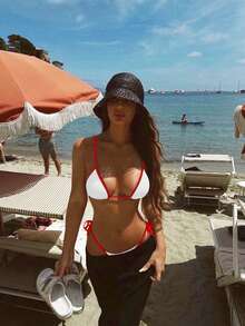 女士撞色绷带性感比基尼泳装套装，海滩度假分体泳装 - 紅白色 - 查看 2