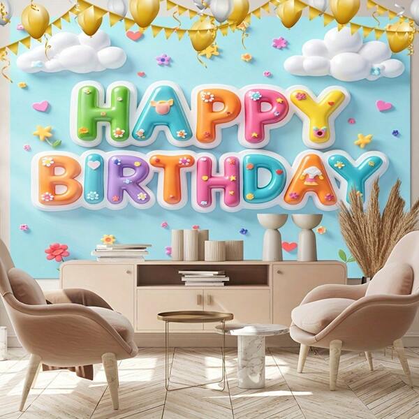 1pc 2D Happy Birthday Flag With Balloons & Flowers - Polyester Party Decoration, Suitable For Indoor/Outdoor Use, Great For Birthday, Carnival And Celebration Events, Birthday Party Decor