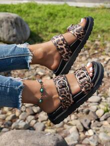 女士休闲厚底豹纹金色扣舒适室内/户外沙滩平底凉鞋 - 豹紋 - 查看 3