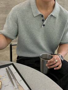 Casual Unisex Solid Color Minimalist Business Style Knit Pullover Top, V-Neck Short Sleeve Sweater, Spring/Summer - Grey - View 4