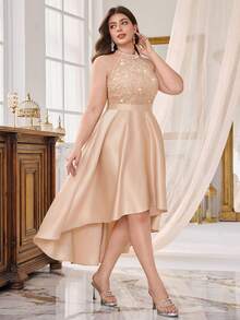 加露背亮片蕾丝拼接撞色缎面高低 A 字下摆晚会礼服、毕业礼服、优雅舞会半正式婚礼宾客礼服，适合生日、返校节 - 香檳色 - 查看 8