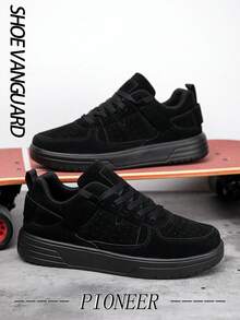 (Nhỏ hơn) Giày thể thao nam cổ cao thoải mái, chất liệu da vá, giày đi bộ cổ điển, màu đen tuyền, có dây buộc, chống sốc - màu đen - Xem 5