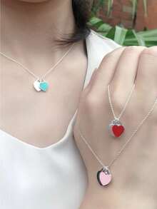 1 时尚爱心纯银项链滴油珐琅蓝红粉色锁骨链双女士心形吊坠适合常规服装送母亲节礼物