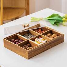 1 pieza Bandeja de snacks de madera de olmo con tapa, caja de almacenamiento de 4 compartimentos para nueces/dulces/frutas secas para el hogar, sala de estar