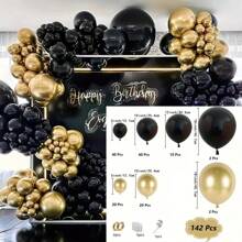 142 Peças Kit de Guirlanda de Balões de Látex Preto e Dourado para Decoração de Bottom para Festa Interna, Temporada de Formatura, Noivado, Casamento, Aniversário, Aniversário, Decoração de Suprimentos