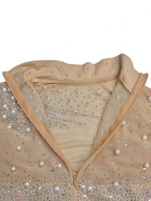 Vestido negro y dorado de manga larga y corto con detalles de malla, strass y lentejuelas, elegante para mujer, para primavera y verano, ideal para fiestas, graduaciones, cenas y festivales - Albaricoque - Ver 7