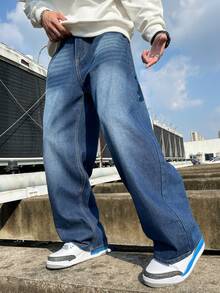 Hearty Haven 1pc Vintage Washed Retro High Street Straight Leg Loose Casual Baggy Wide Leg Dragging Jeans For Men, With Distressed Hem - Royal Blue - View 5