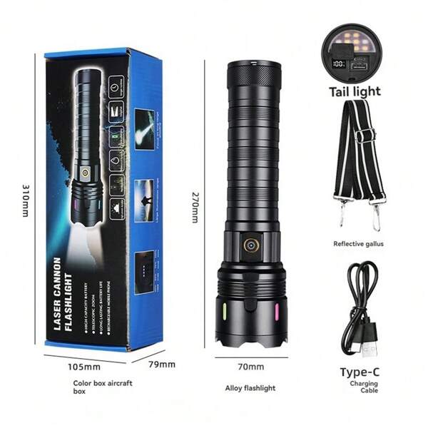 1PC Ultra Bright High Power Long Range LED Flashlight With COB Red Light TailLights Zoomable Type-C Rechargeable Tactical Handheld Light For Outdoor Camping Fishing