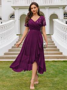 MIUSOL Đầm dạ hội thanh lịch cổ chữ V đính sequin và ren, phối màu tương phản với chất liệu chiffon, chân váy xếp ly, thích hợp cho khách dự đám cưới, tiệc tối trang trọng và các dịp khác trong mùa hè. - Màu Tím - Xem 4