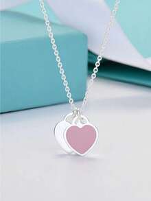 1 时尚爱心纯银项链滴油珐琅蓝红粉色锁骨链双女士心形吊坠适合常规服装送母亲节礼物