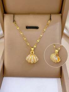 1pc Stainless Steel Micro-Inlaid Cubic Zirconia, Hollow Shell & Cultured Pearl Necklace - Yellow Gold - View 2