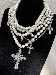 European & American Fashion New Gothic Punk Style Multilayer Necklace Set Vintage Cross Pendant Chain - Silver Cross Layered Necklace - View 7