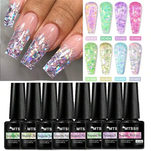 Mtssii 8pcs Flowery Sequins Gel Nail Polish Set, Sparkle Laser Sequins Glitter Gel Polish For Summer Semi Permanant Soak Off UV Gel Varnish Manicure Kit Nail Art DIY For Home And Salon