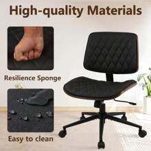CLATINA Armless Home Office Chair, Desk Chair With Wheels, Adjustable Height Reading Chair, Leather Mid Back & Swivel Computer Chair, Modern Walnut Chair With Back For Studio Meeting Room(Black)