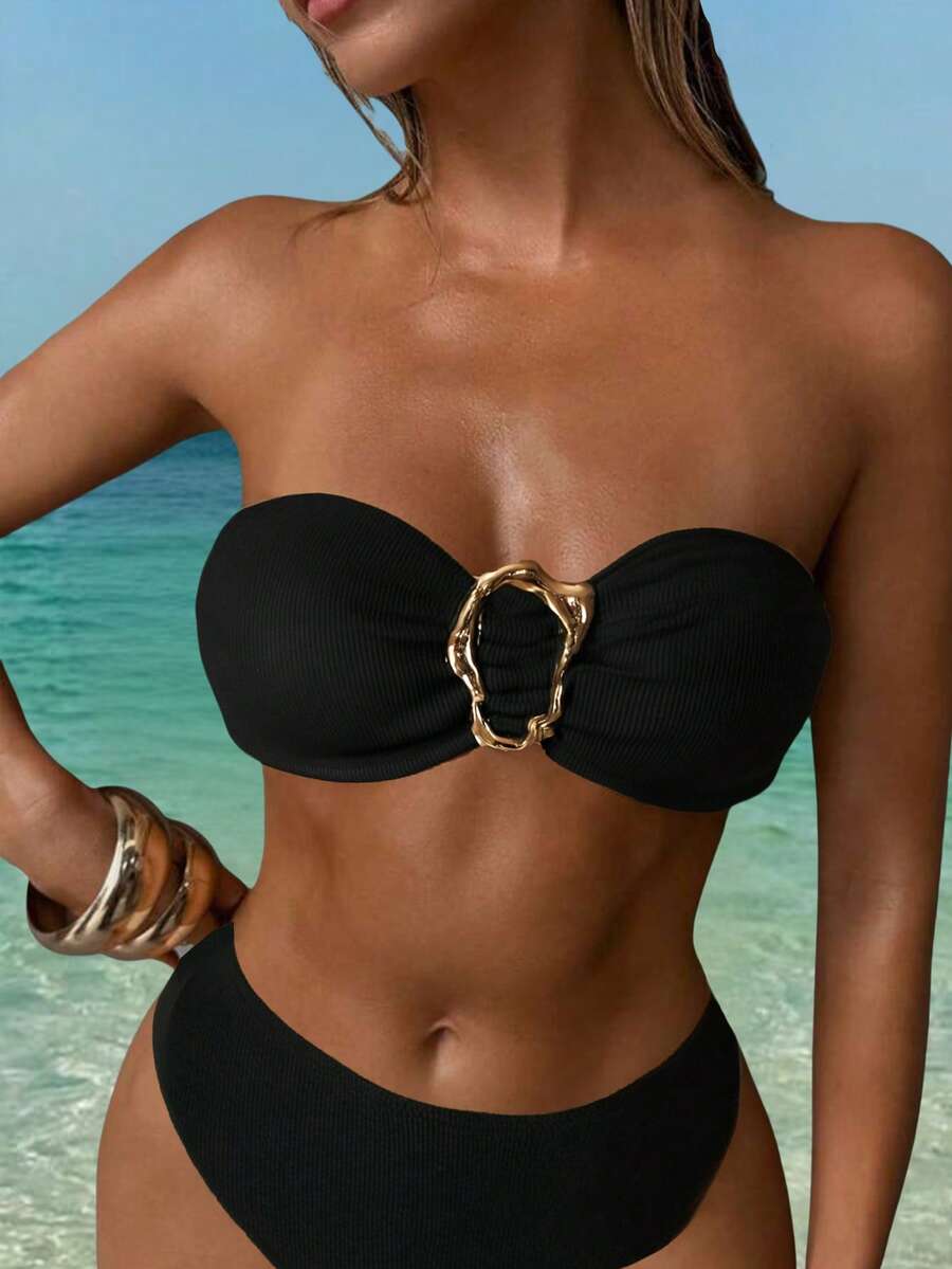 最新设计的黑色金属面料抹胸比基尼泳装，适合夏季海滩 - 黑色 - 查看 1