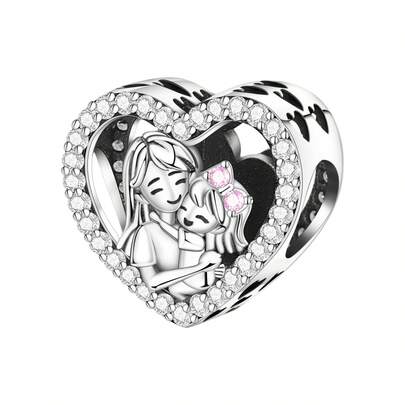 CYCUFF 1 Pc Silver Plated Charm Mother And Daughter Embrace Heart Beads Pendant For Original Bracelet Necklace DIY Jewelry Making Fit Birthday Gifts Women Gift Mother's Day Gift