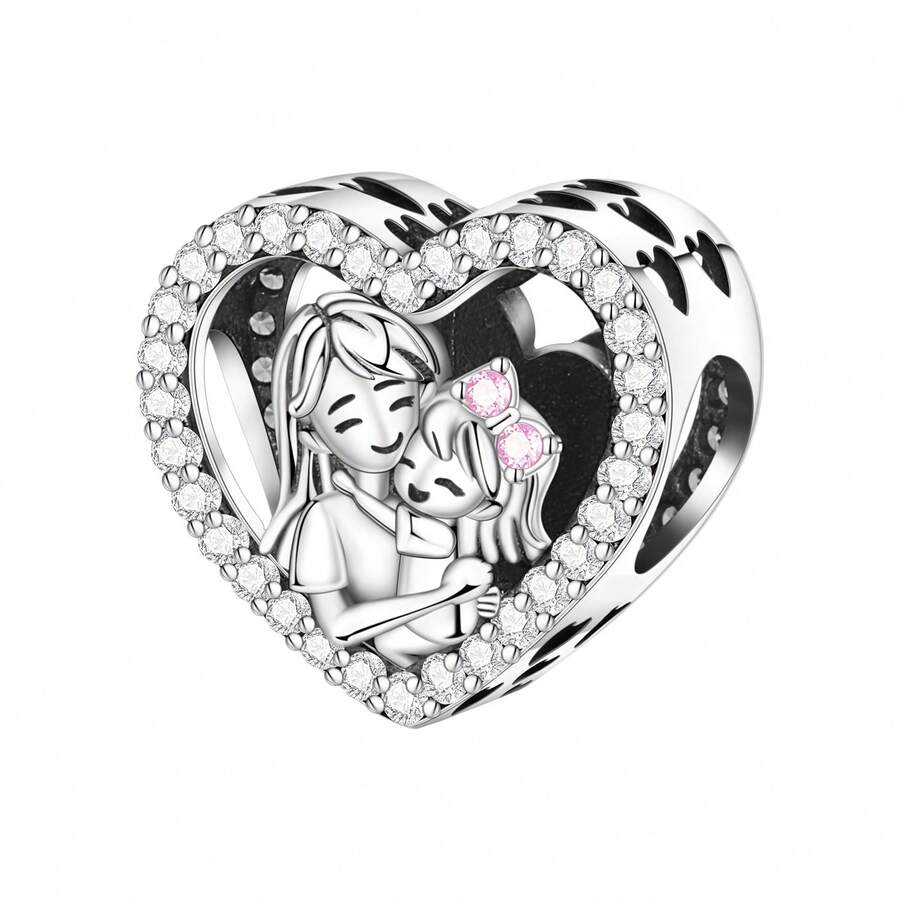 CYCUFF 1 Pc Silver Plated Charm Mother And Daughter Embrace Heart Beads Pendant For Original Bracelet Necklace DIY Jewelry Making Fit Birthday Gifts Women Gift Mother's Day Gift - Silver - View 1