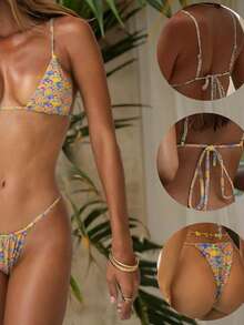 2件套女士亮片碎花分体比基尼泳衣，适合度假海滩夏季穿着 - 彩色 - 查看 2