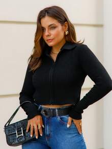 Knitted Cropped Cardigan Jacket With Ribbed Fashion Zipper - Black - View 3