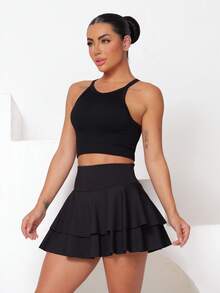 Short Skirt Ruffle Double Layer Fitness Gym Dance Running High Waist Suplex WOLFOX - màu đen - Xem 5