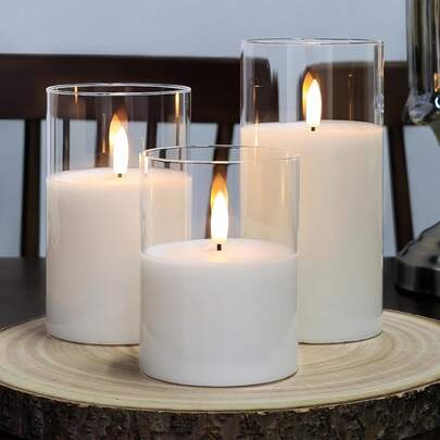 1pc/3pcs LED Candles With/Without Remote, Flameless Candles, Candle Warmers, Candle Lamps, 3D Moving Flame Battery Operated Candles (Batteries Not Included), Suitable For Festivals, Weddings, Gifts, Fireplaces, Home Decor (Clear, 3" X 4" 5" 6")