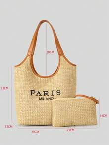 مجموعة من قطعتين حقيبة قش مضفرة ذات طباعة حرفية، طراز إنزلياني شائع، حقيبة كتف أنثوية لفصل الصيف، حقيبة شاطئ للأمهات