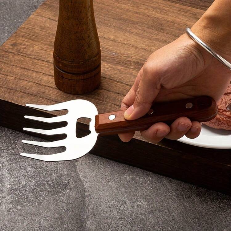1pc Stainless Steel Bear Claw Fork, Long-Handled Meat Ripper, Food Safety Multi-Purpose BBQ Fork For Outdoor Cooking - Brown - View 3
