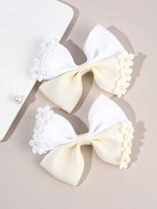 2pcs Flower Hair Bow Clips For Girls, Beige Bow Alligator Clips With Pearls, Elegant Hair Grosgrain Ribbon Barrettes, Toddler Girl Pigtail Hair Clips, Spring Birthday Wedding Gift, Kids Floral Hair Accessories. - Beige - View 2