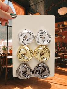 6 Cặp Hoa tai tròn mạ điện màu súng, vàng và bạc, phong cách thời trang Châu Âu và Mỹ dành cho phụ nữ hàng ngày, tiệc tùng, quà tặng - Ba cặp hình tròn - Xem 35